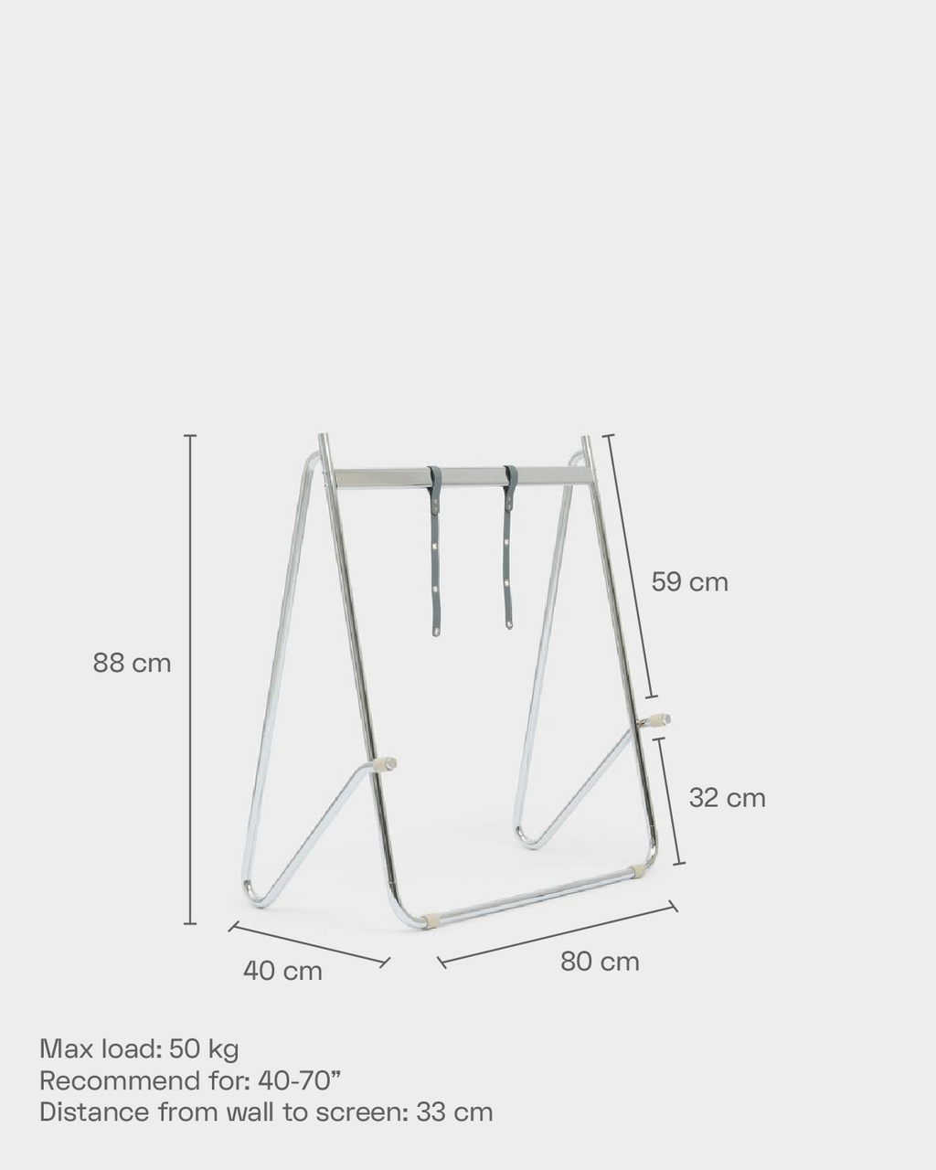 Dimension diagram of the Bloom in Bubble Gum low stand showing 88 cm height, 80 cm width, 40 cm depth and 50 kg max load