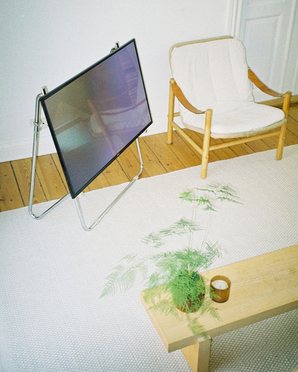 Bloom in Chrome (Stands Low) holding a TV in a sunlit room with a rug, wood chair and fern-topped bench