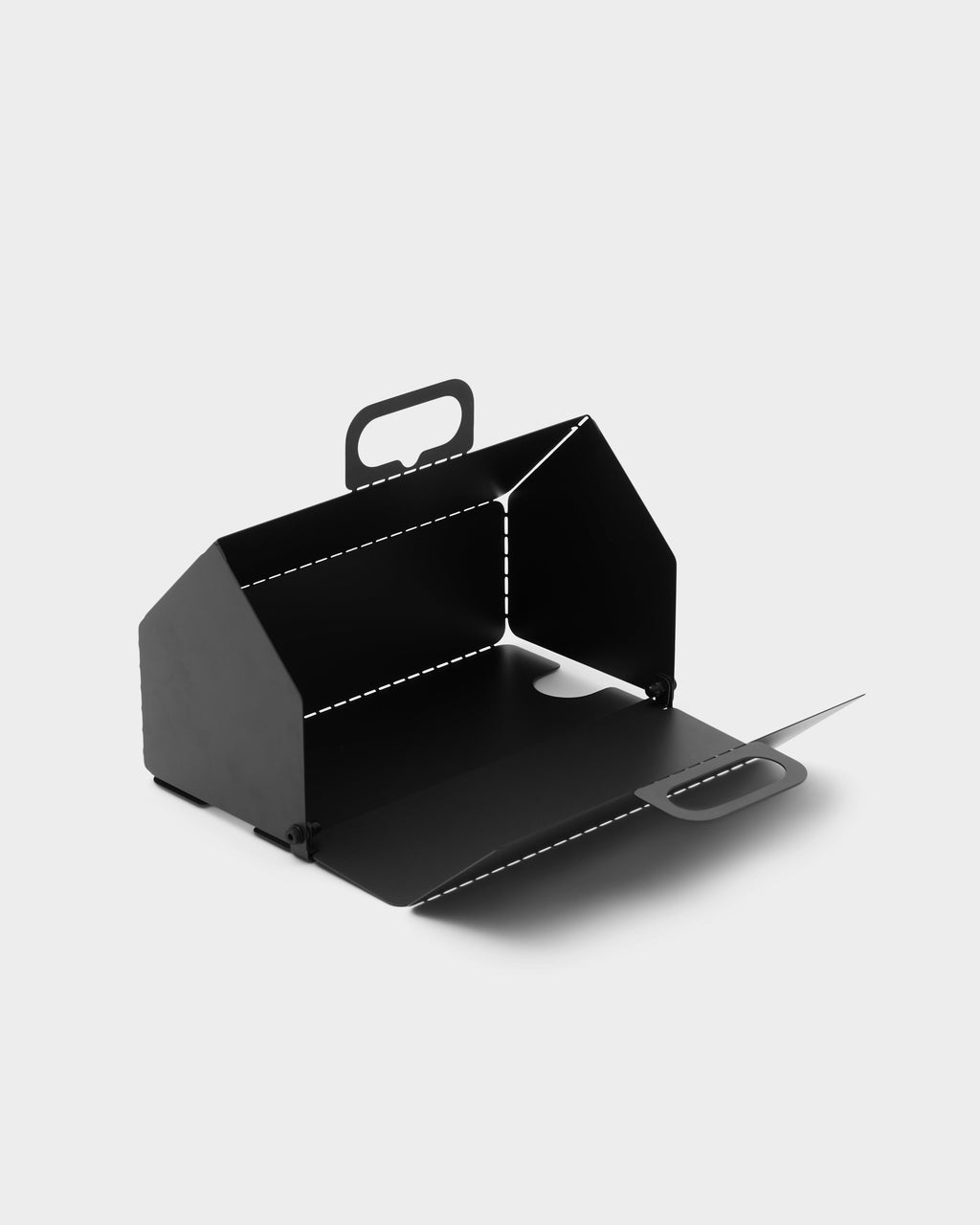 Cable House in Charcoal shown unfolded flat in a studio packshot, angled view revealing handle cutouts and hinges