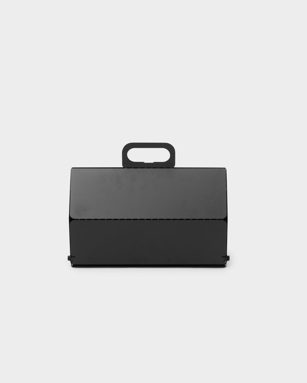 Charcoal Cable House studio packshot, front view of closed lid with rounded carry handle on top