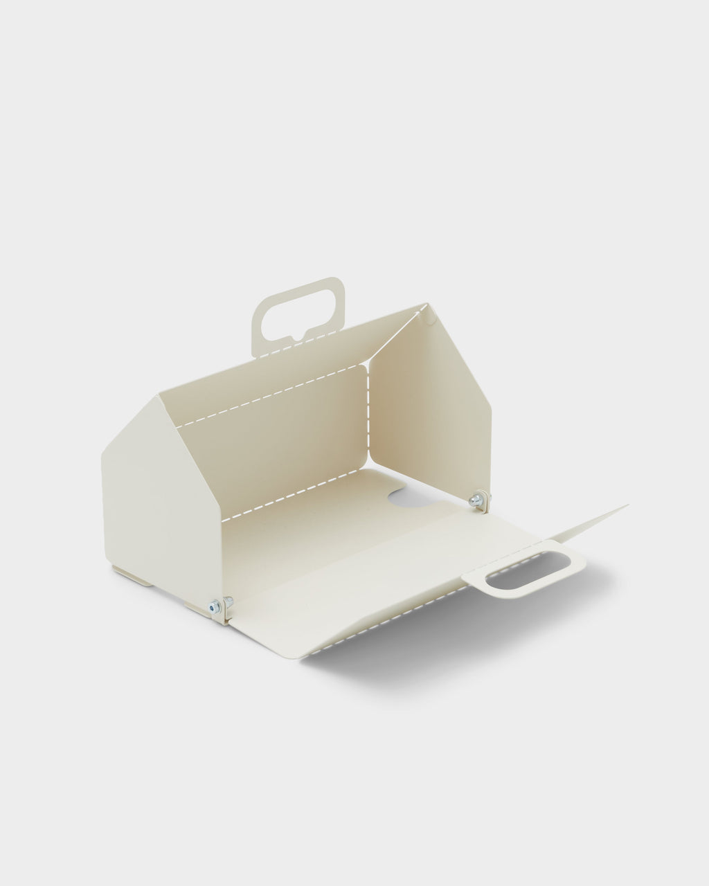 Cable House in Pearl shown unfolded flat with one side open, studio packshot angled view showing bolts and handle cutouts