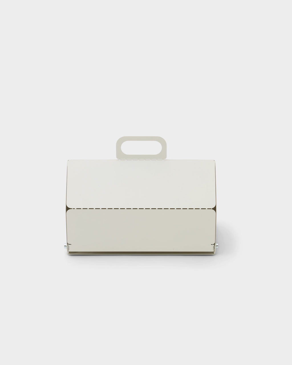 Front view studio packshot of the Cable House in Pearl, a folded steel cable box with integrated carry handle