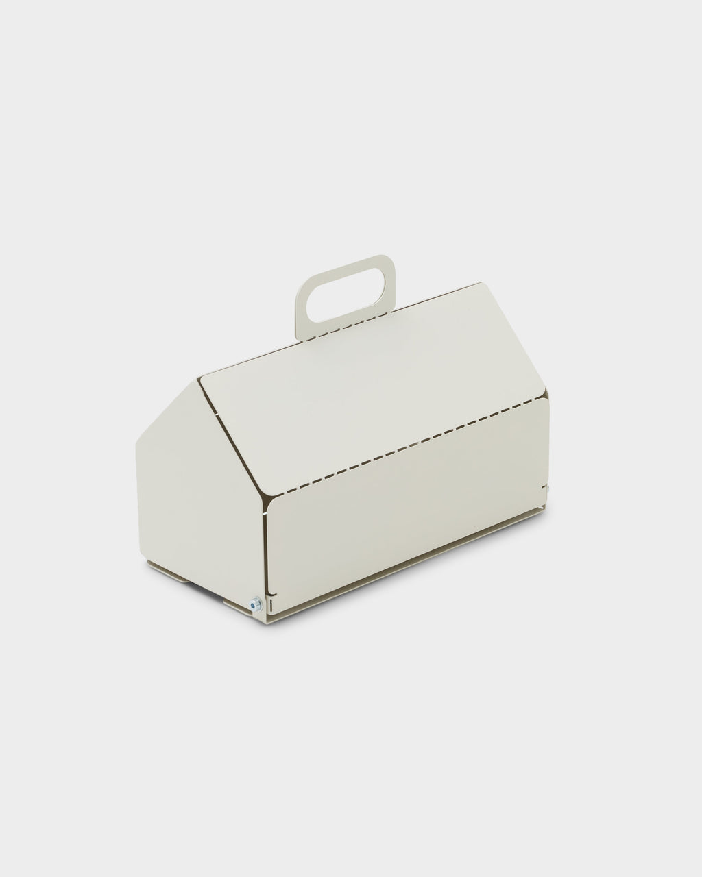 Pearl Cable House cord organizer, angled studio packshot showing house-shaped steel lid with cutout carry handle