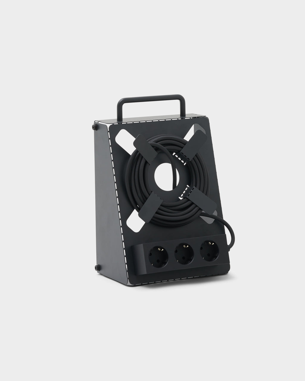 Charcoal Cable Stand angled studio packshot showing wound cable on X-reel, carry handle and three-socket power strip