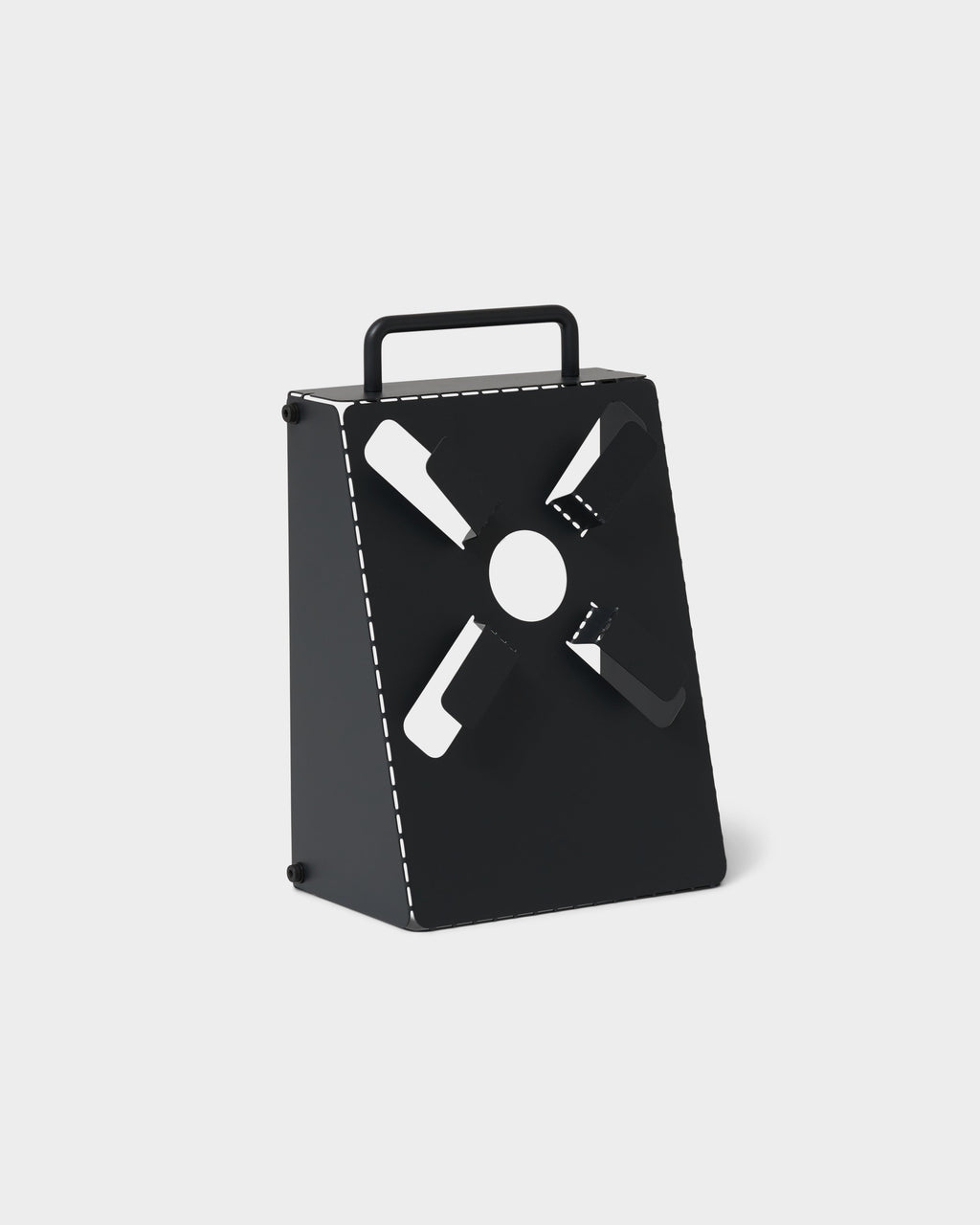 Charcoal Cable Stand angled studio packshot, tapered steel box with black carry handle and cut-out X vent panel