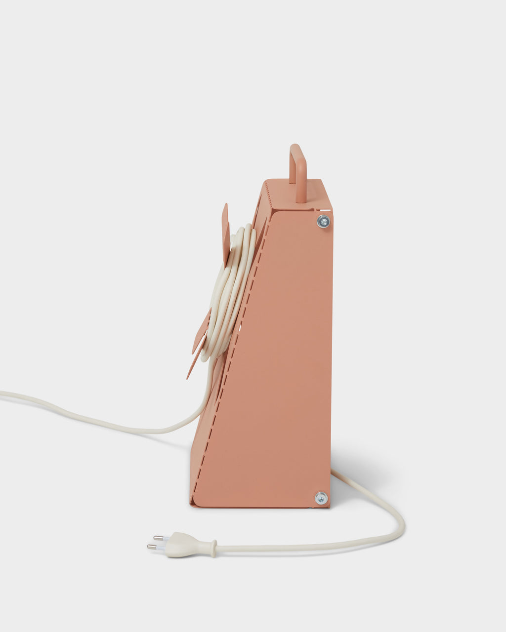 Side profile studio packshot of the Dusty Rose Cable Stand with cream cord coiled inside and plug trailing out front