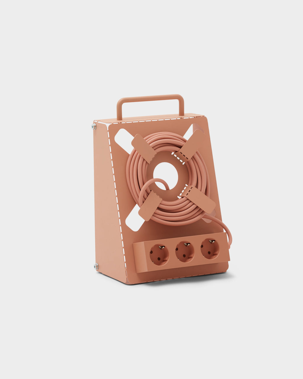 Dusty Rose Cable Stand studio packshot at an angle, coiled cord on X-reel with three-socket power strip and top handle