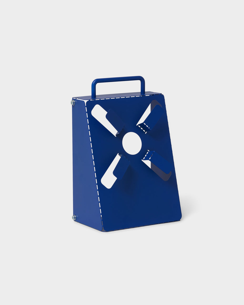 Angled studio packshot of the Ultra Marine Cable Stand, a blue folded-metal box with carry handle and cutout vents