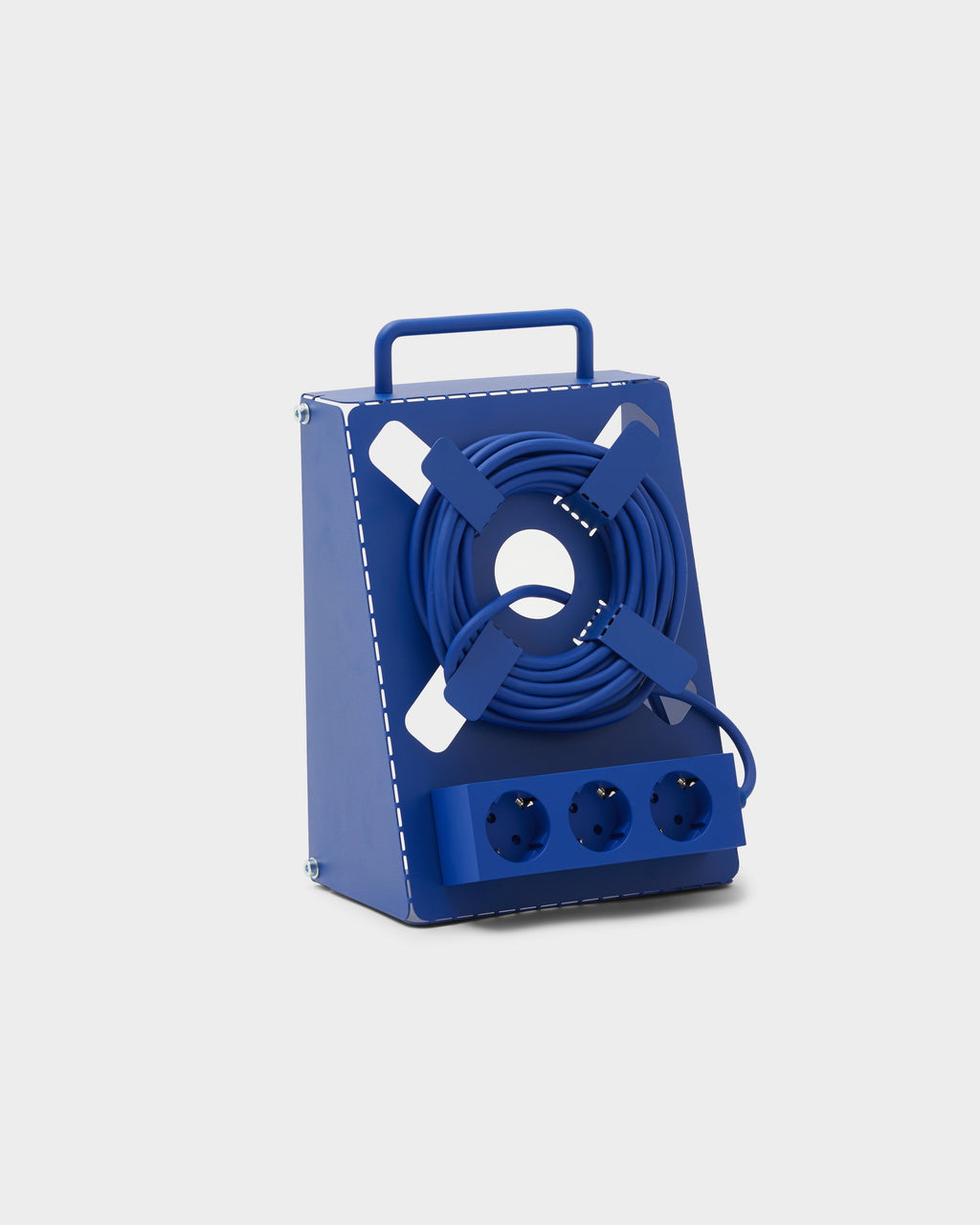 Ultra Marine Cable Stand studio packshot at an angle, showing carry handle, coiled cable on X reel and three sockets