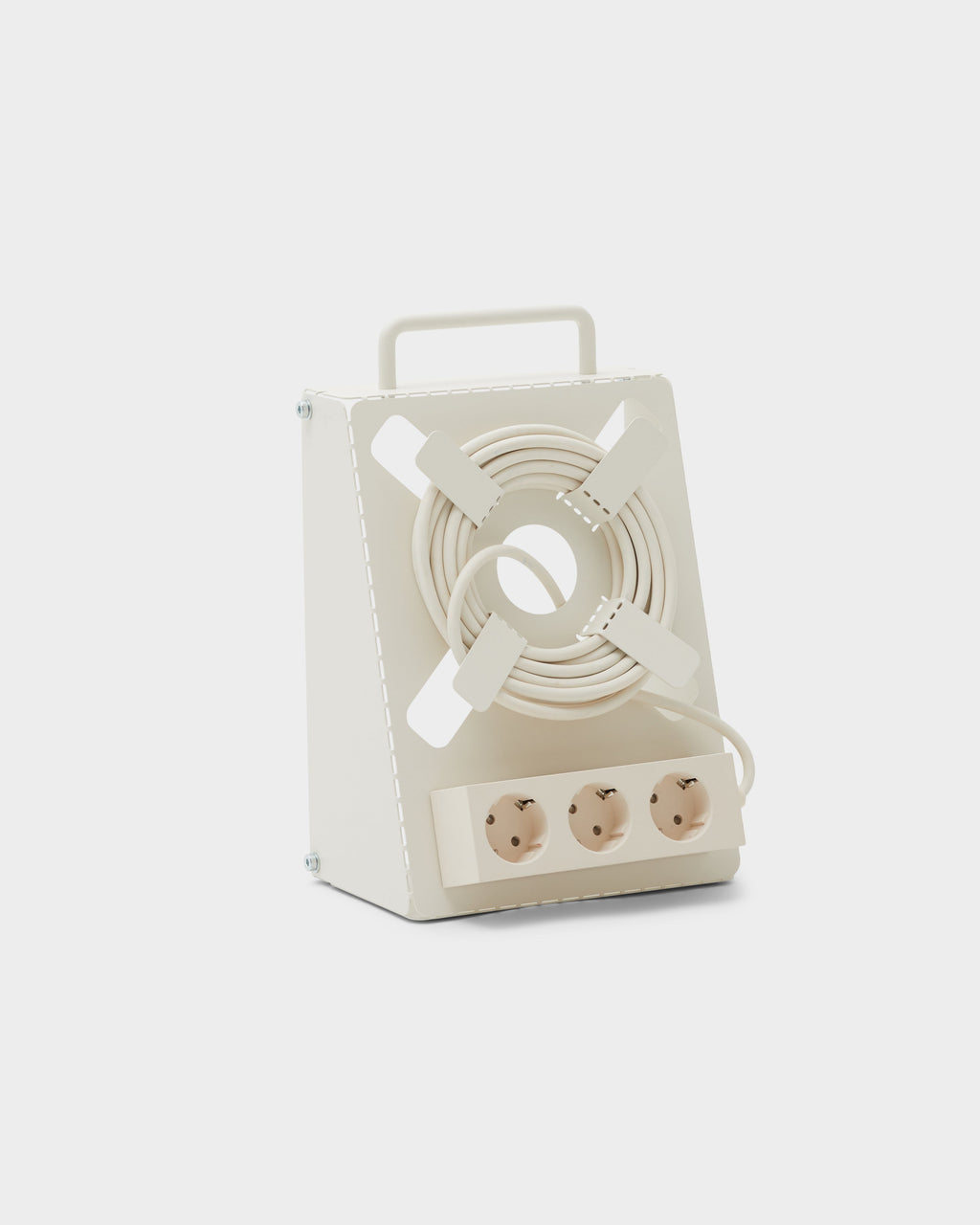 Pearl Cable Stand studio packshot at an angle, coiled cord wound on cross reel with three-socket power strip