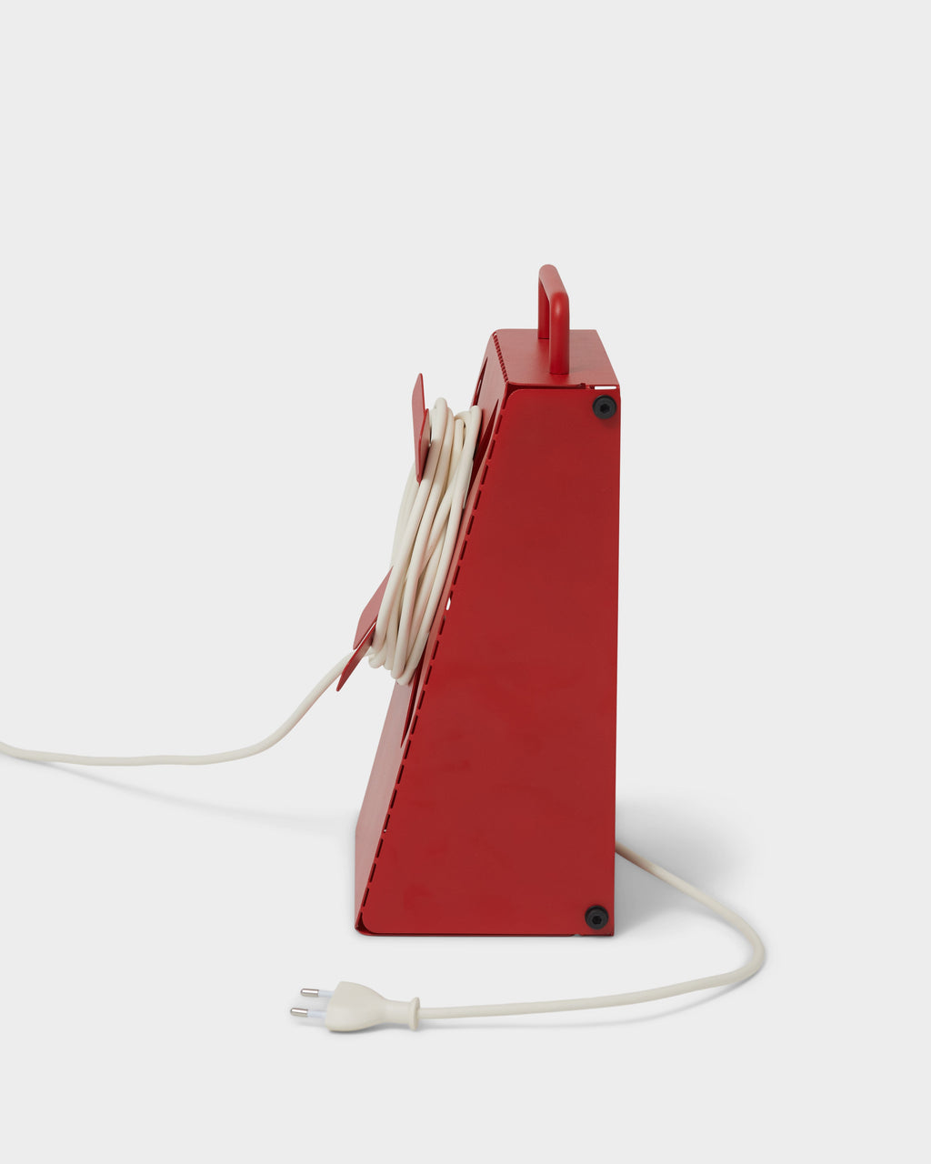 Side profile studio packshot of the Fire Red Cable Stand with white cable coiled around it and plug trailing forward
