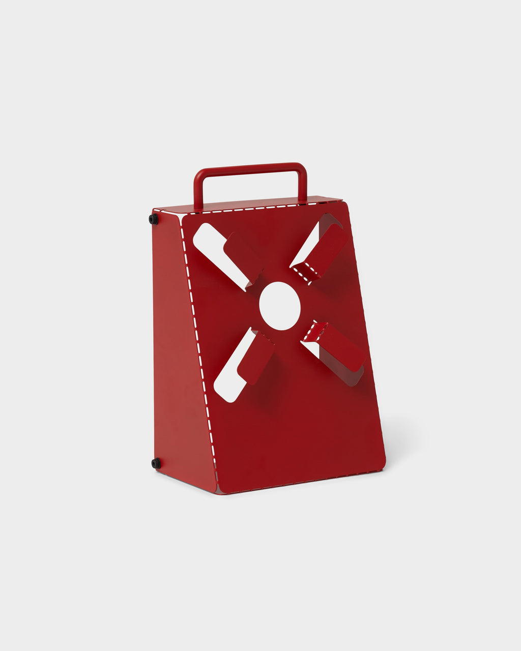 Fire Red Cable Stand shown at a three-quarter angle in a studio packshot, cut-out fan detail and carry handle visible
