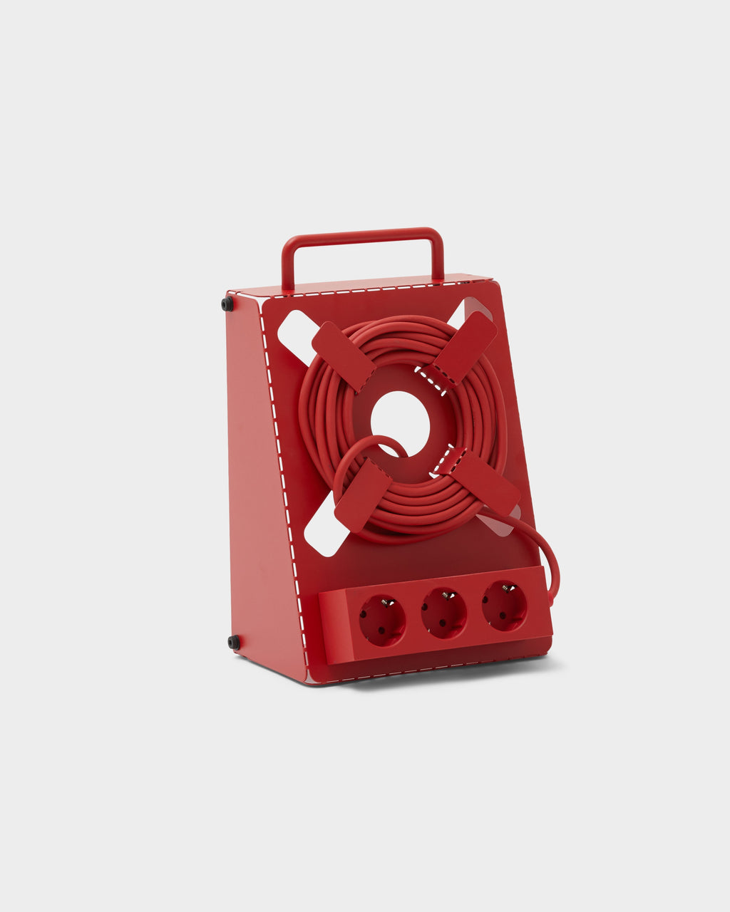 Fire Red Cable Stand studio packshot at three-quarter angle, coiled cord on reel with three-socket strip and handle