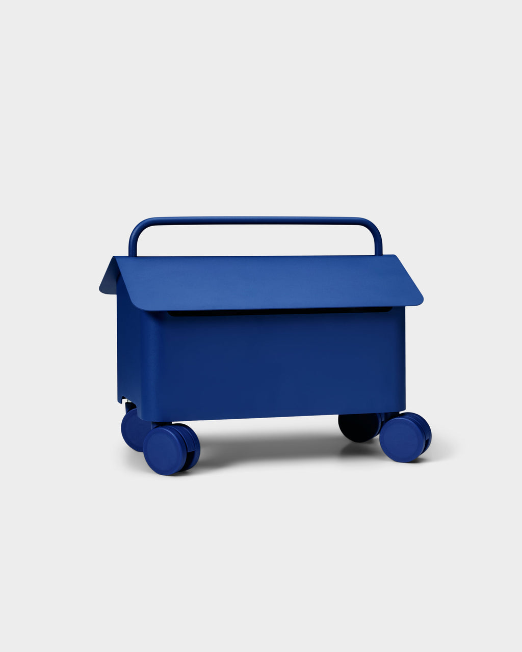 Cable Villa in Ultra Marine shown at an angle in studio, lidded metal storage box on four rolling caster wheels