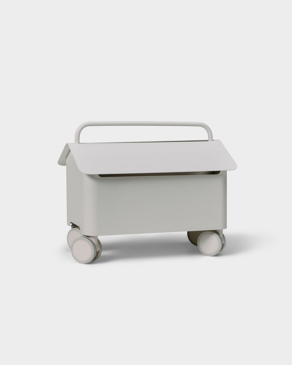 Cable Villa in Pearl, three-quarter studio view of lidded cable storage box with handle and four rolling casters