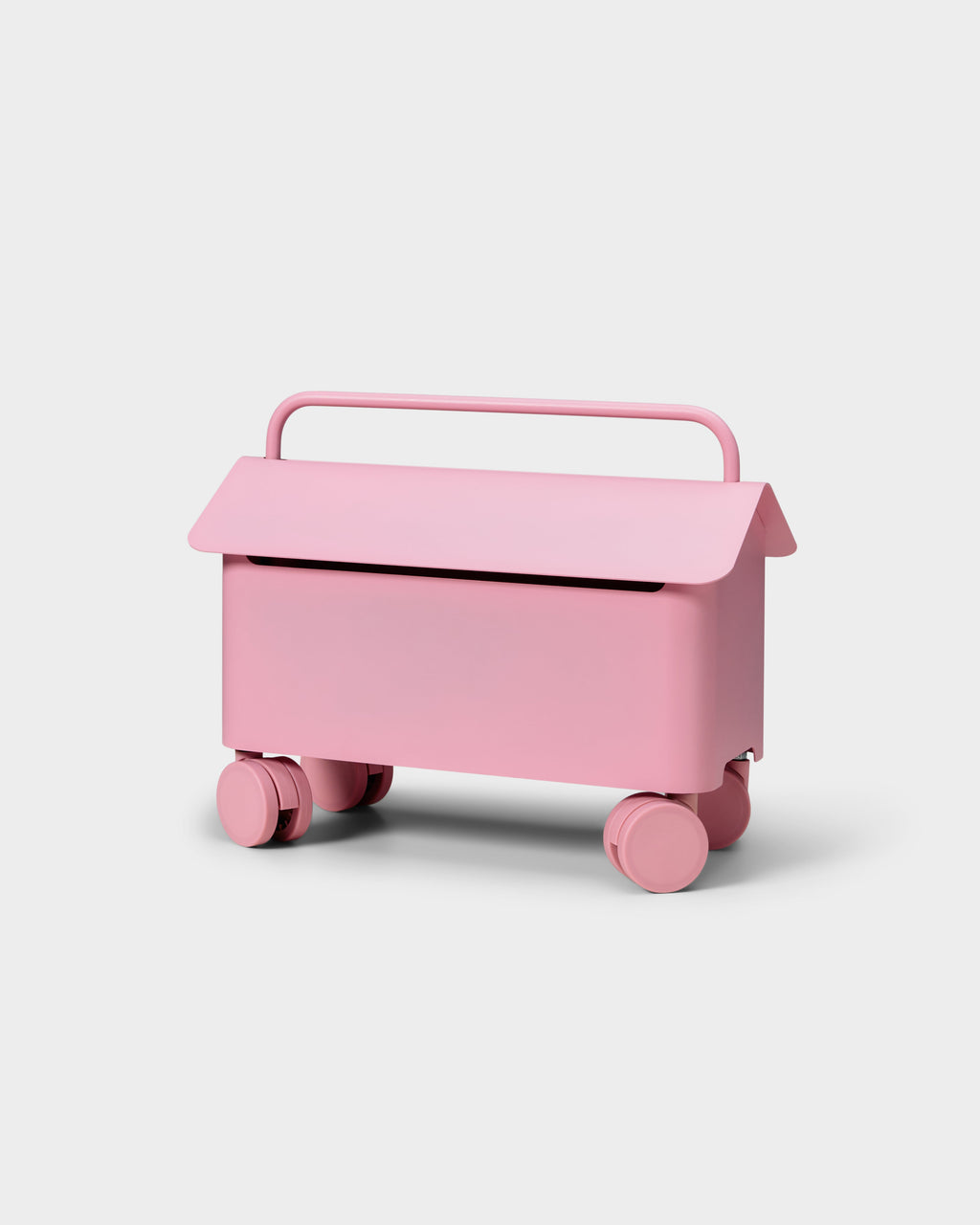 Cable Villa in Bubble Gum shown at a three-quarter studio angle, lidded pink cable box on rolling casters with handle