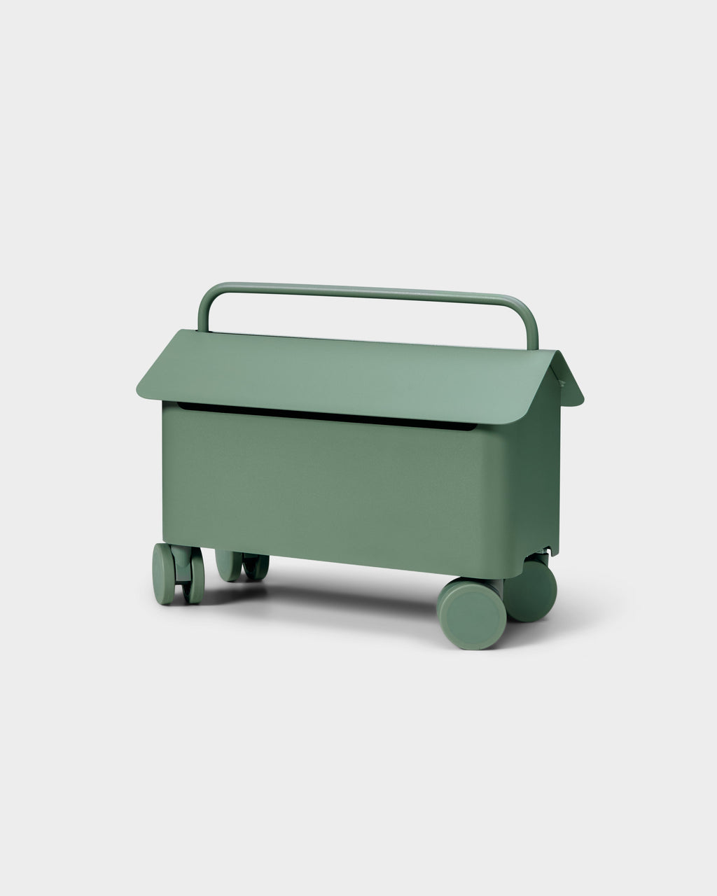 Cable Villa in Mossy Green shown at a three-quarter angle in studio, with hinged lid, carry handle and four wheels