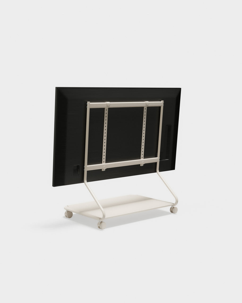 Rear three-quarter view of the Disco stand in Oat on wheels, showing mounting frame, shelf and black TV back
