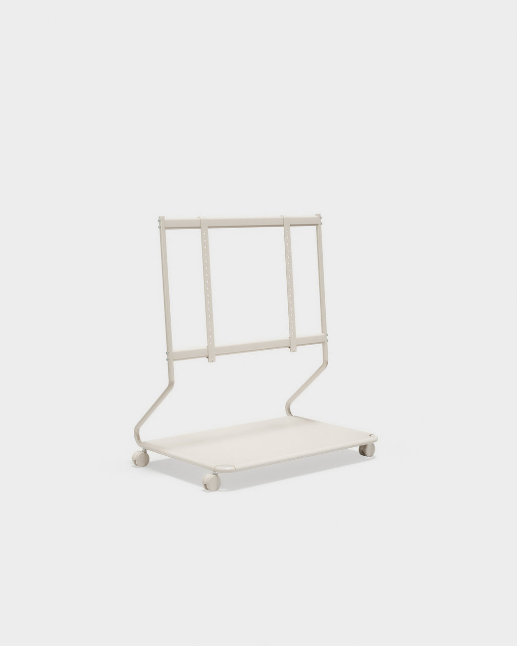 Disco stand in Oat shown at an angle, empty frame with adjustable mounting rails, base shelf and four casters