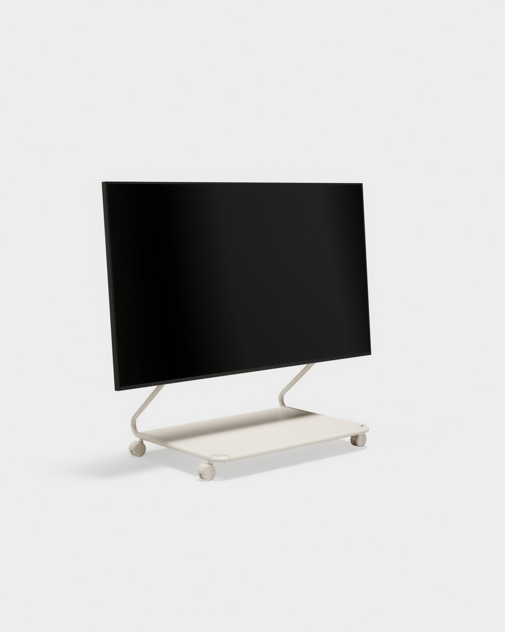 Disco rolling TV stand in Oat shown at an angle in a studio packshot with mounted flat-screen, low shelf and casters