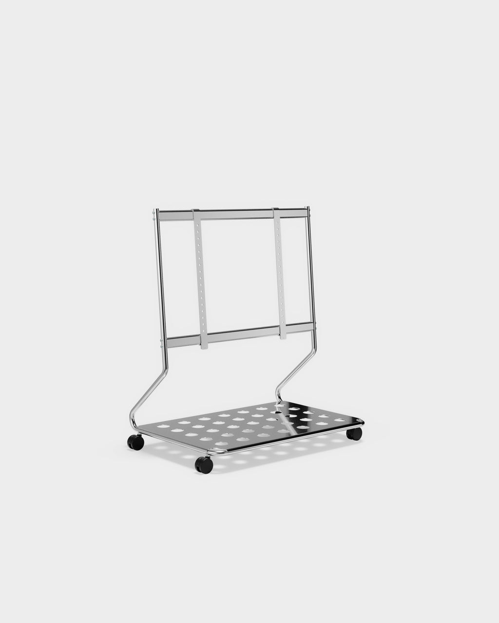 Disco chrome TV stand on wheels, angled studio view showing perforated base plate and adjustable mounting brackets