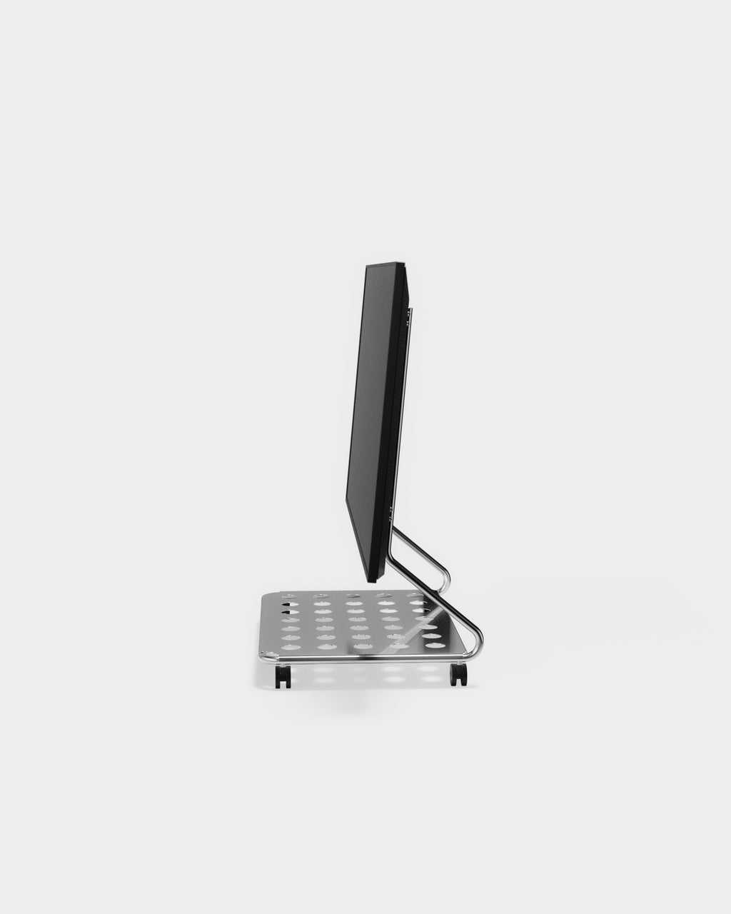 Side profile studio view of the Disco chrome stand with wheels, perforated platform and mounted flat-screen TV