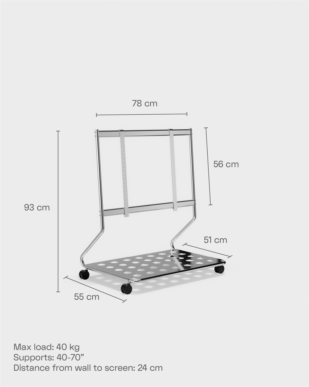 Dimension diagram of the Disco chrome TV stand with wheels, listing 93 cm height, 78 cm width and 40 kg max load