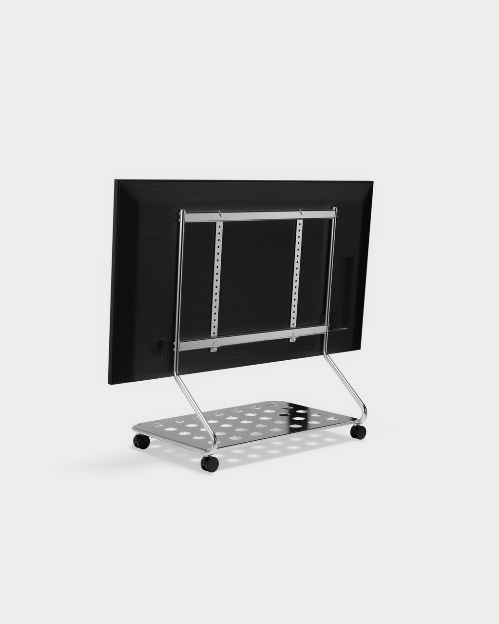 Rear angled view of the Disco stand in Chrome with mounted TV, perforated base shelf and black casters, studio packshot