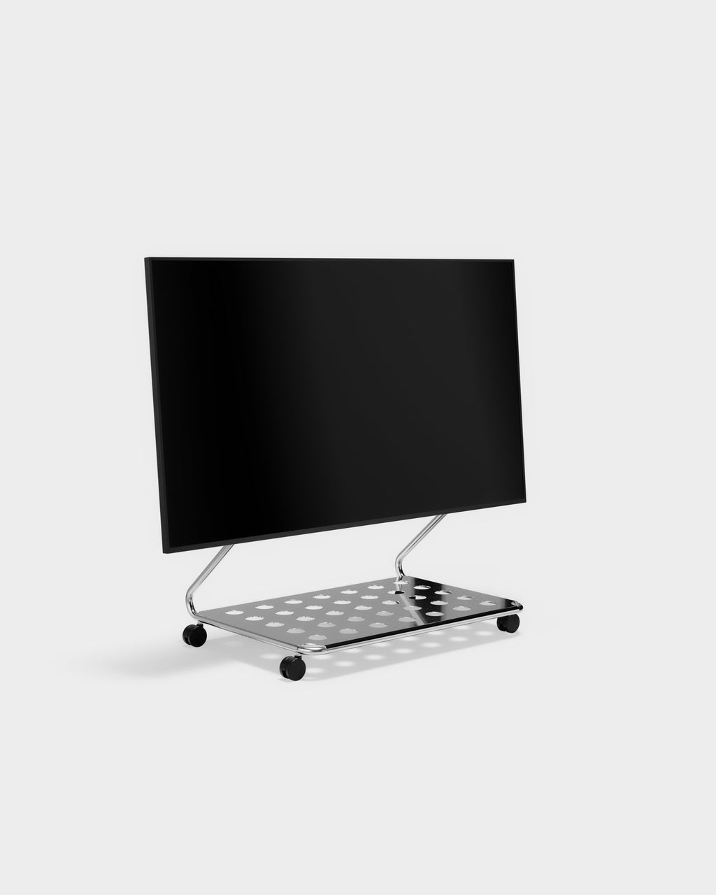 Disco stand in Chrome holding a flat-screen TV, angled studio view showing perforated base and black caster wheels