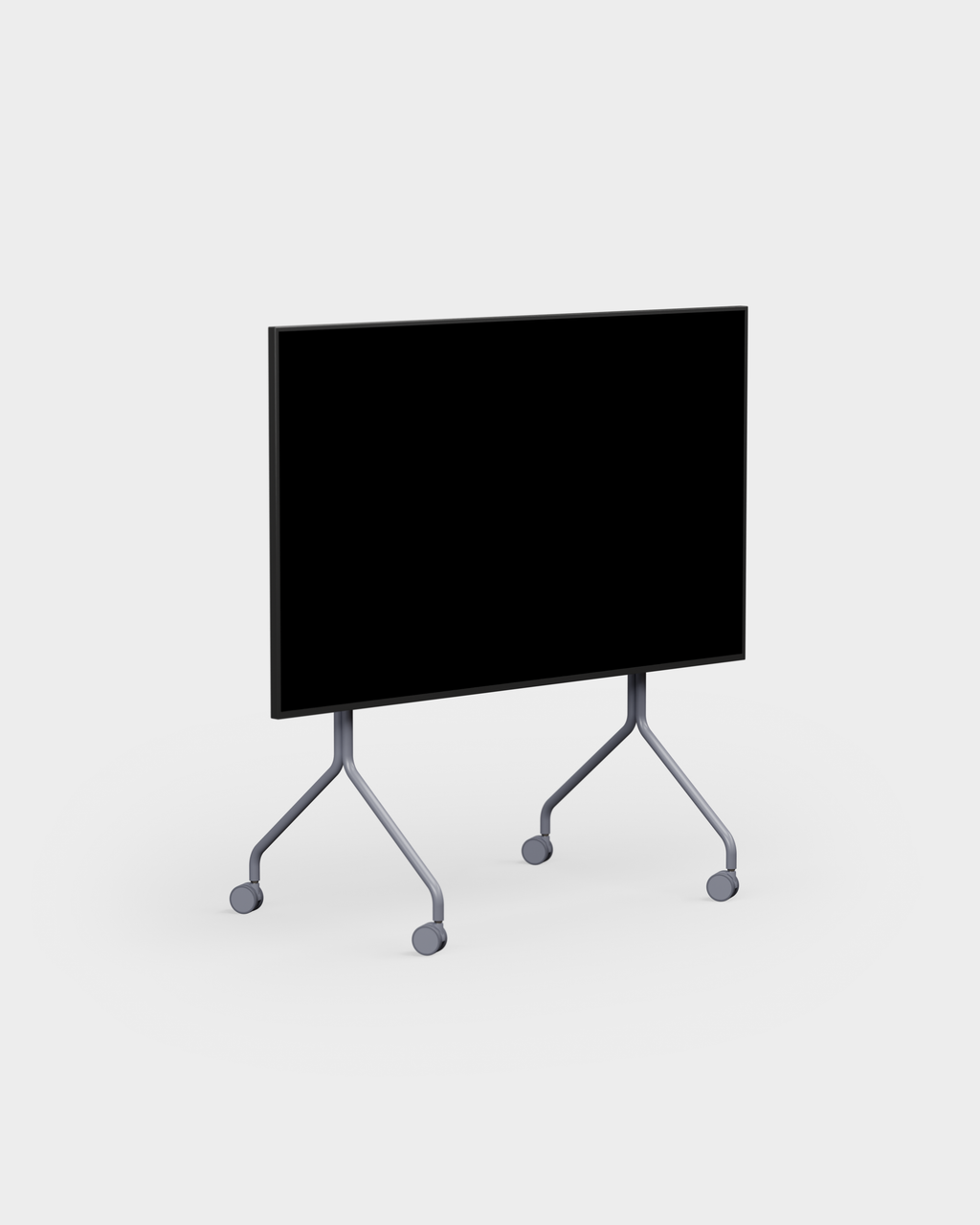 Moon stand with wheels in Ash Gray holding a black display, angled studio packshot on a plain white background