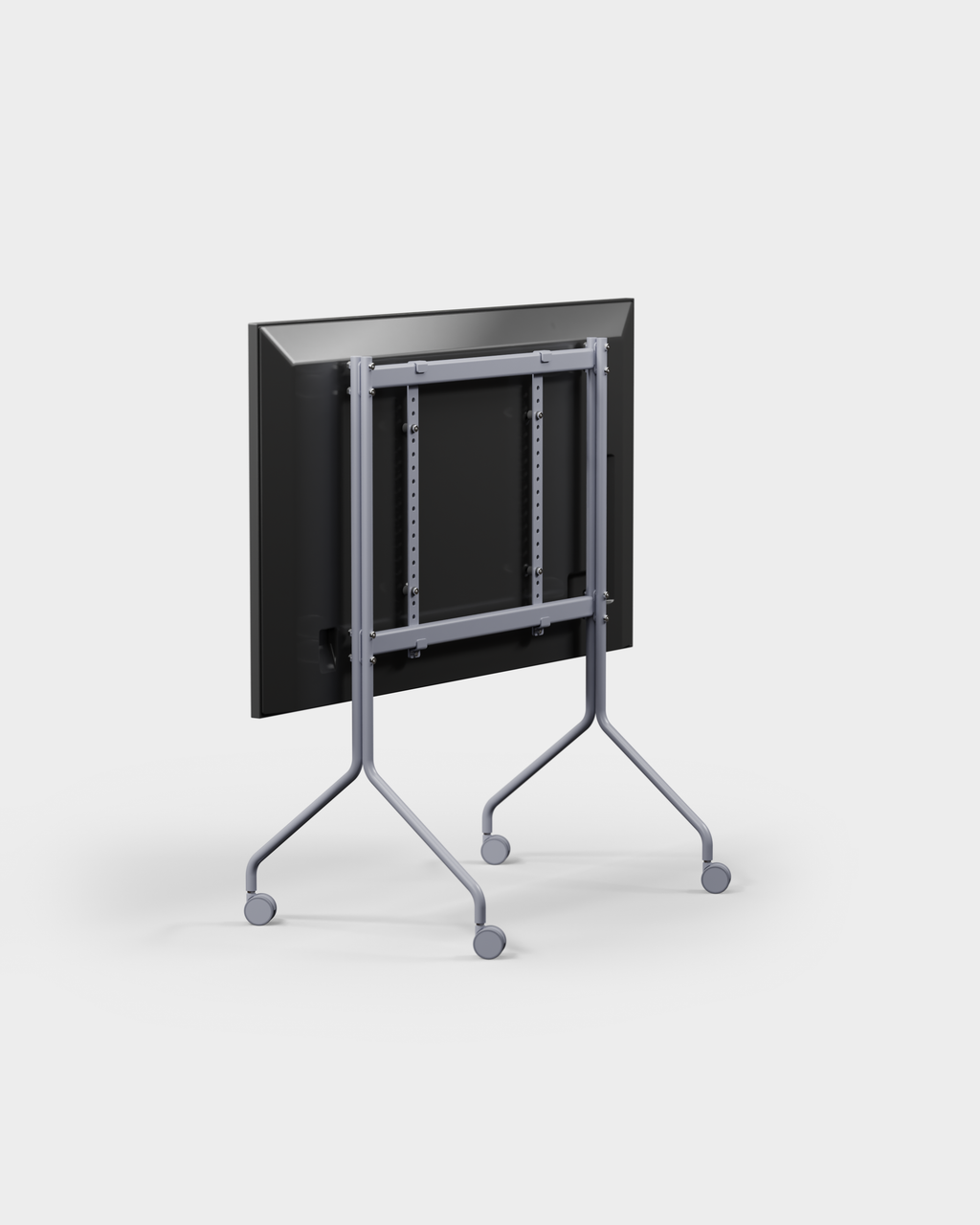 Rear three-quarter studio view of the Moon rolling TV stand in Ash Gray, showing mount brackets, legs and casters