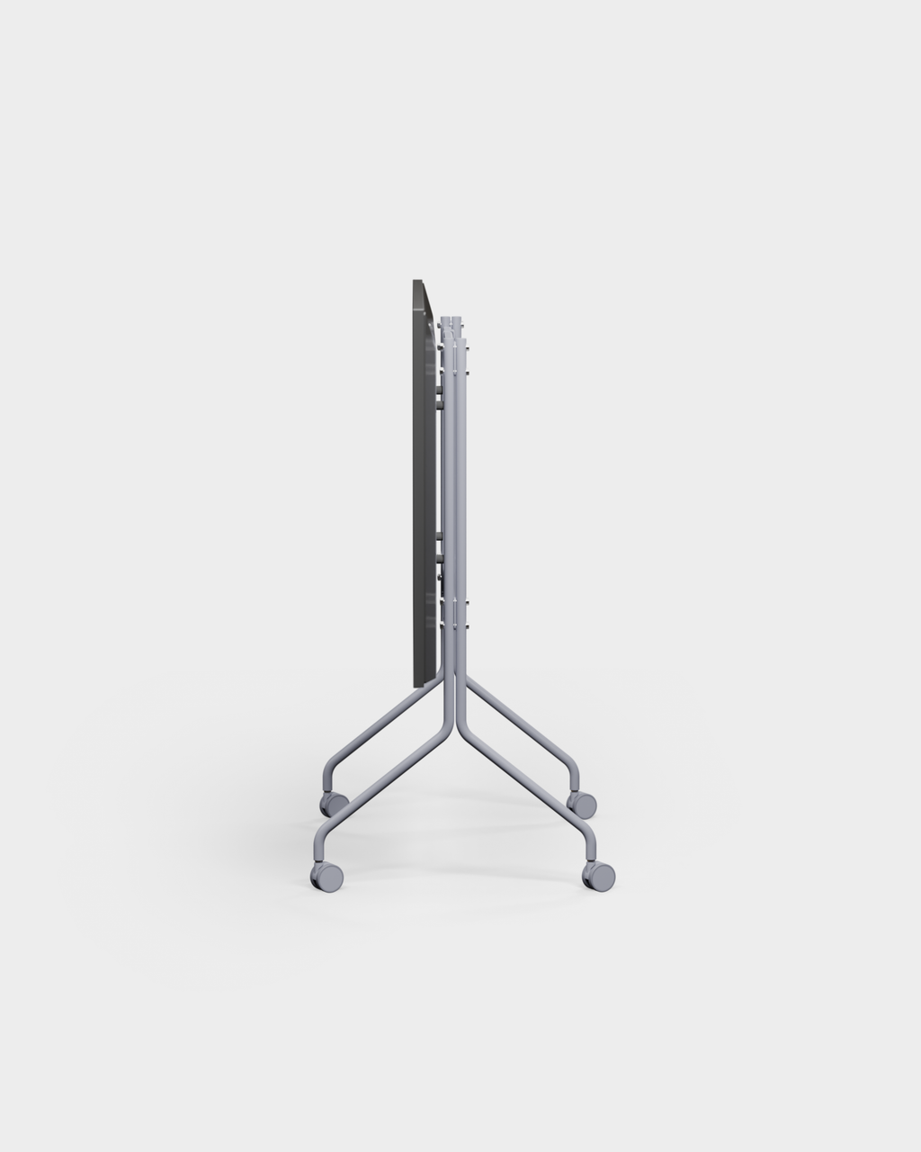 Moon in Ash Gray stand with wheels folded flat, side-profile studio packshot showing slim frame and locking casters