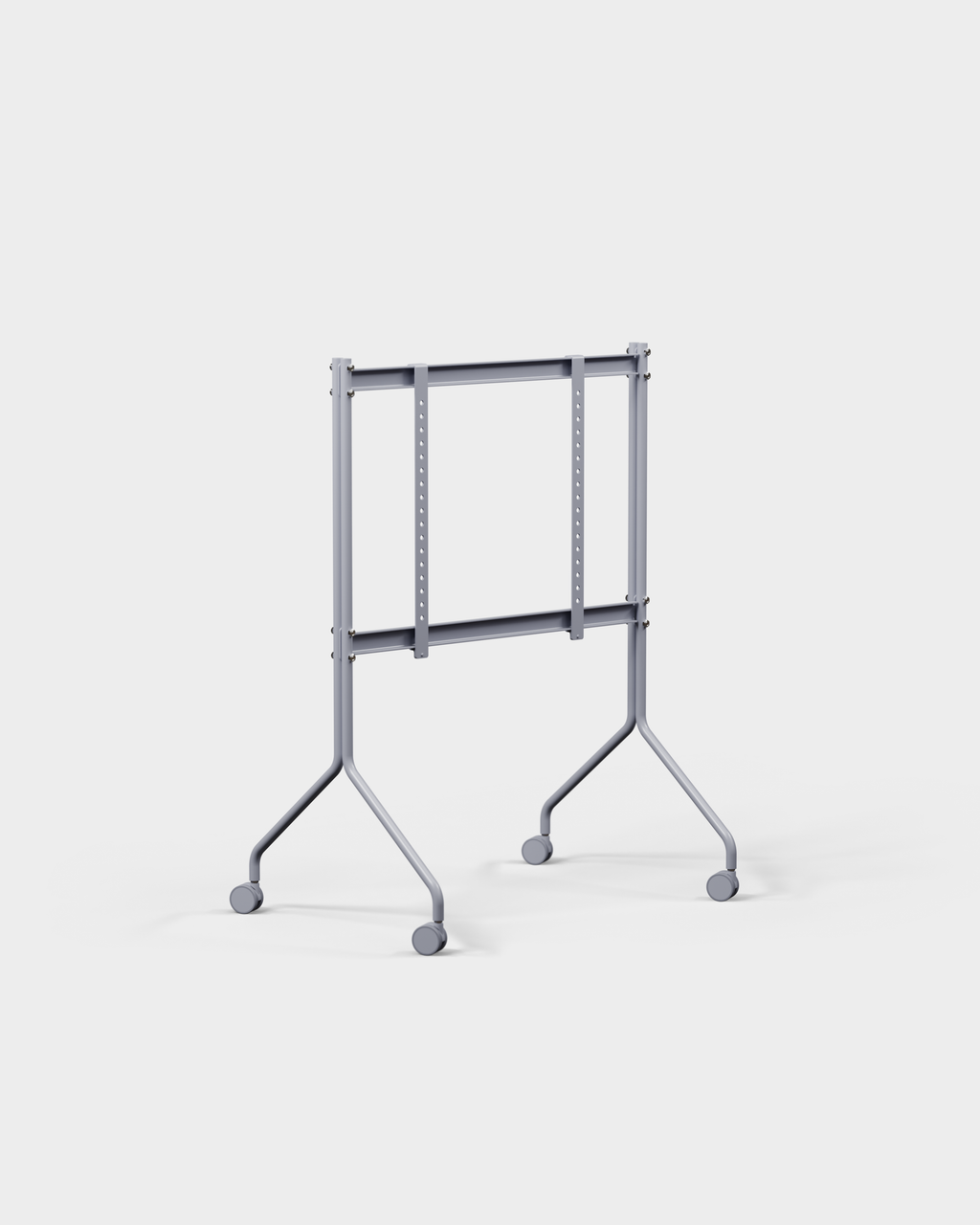 Moon rolling TV stand in Ash Gray, angled studio view showing height-adjustable mount bars and swivel caster wheels