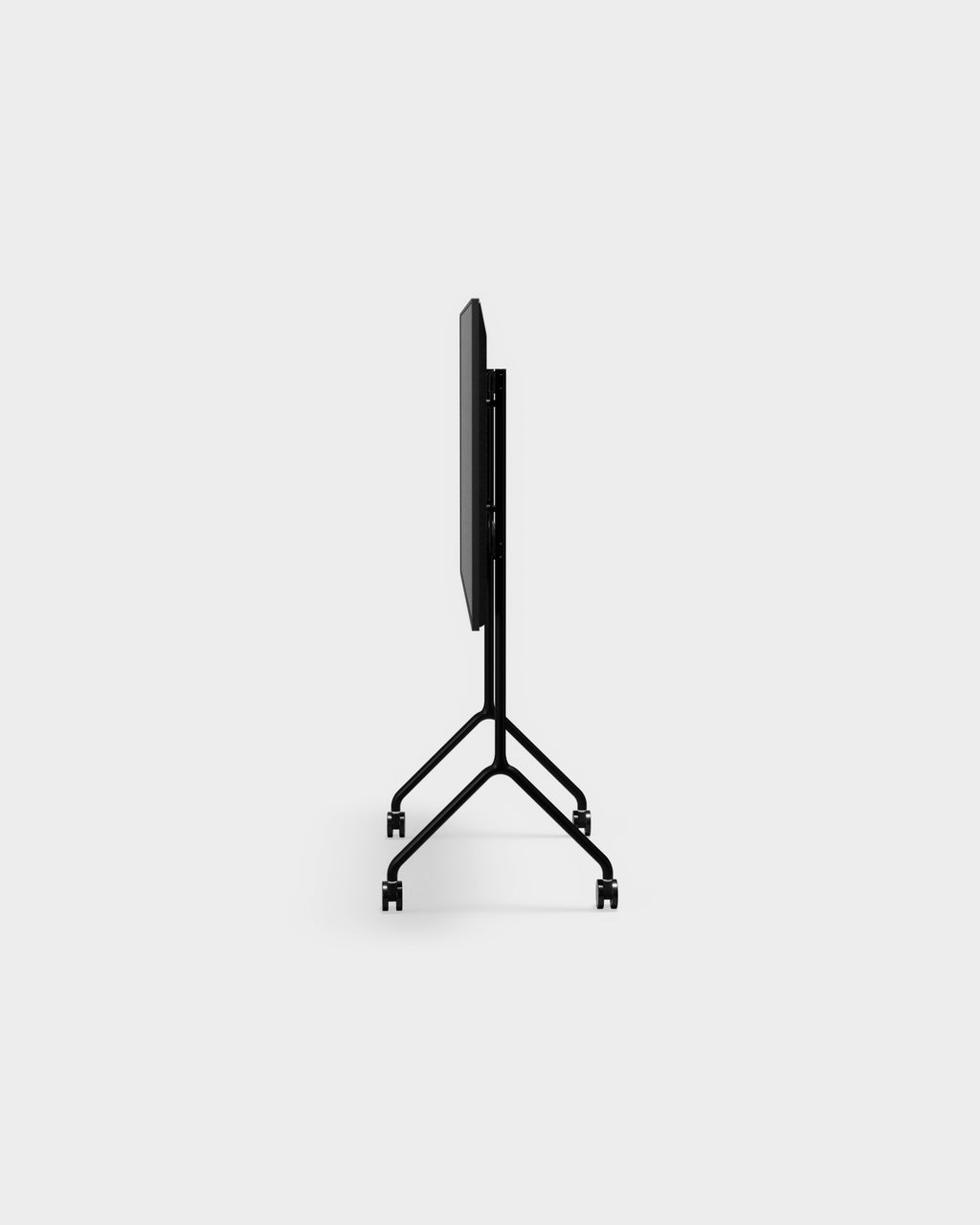 Side profile studio view of the Moon Light TV stand in charcoal, folded flat top with tubular legs on four casters