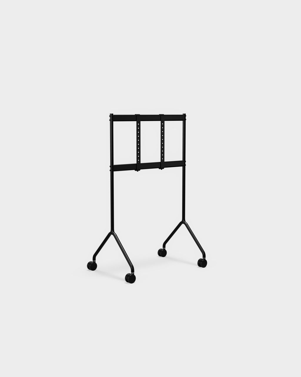 Moon Light TV stand in Charcoal shown at an angle in a studio, empty mount bracket and V-shaped legs on casters