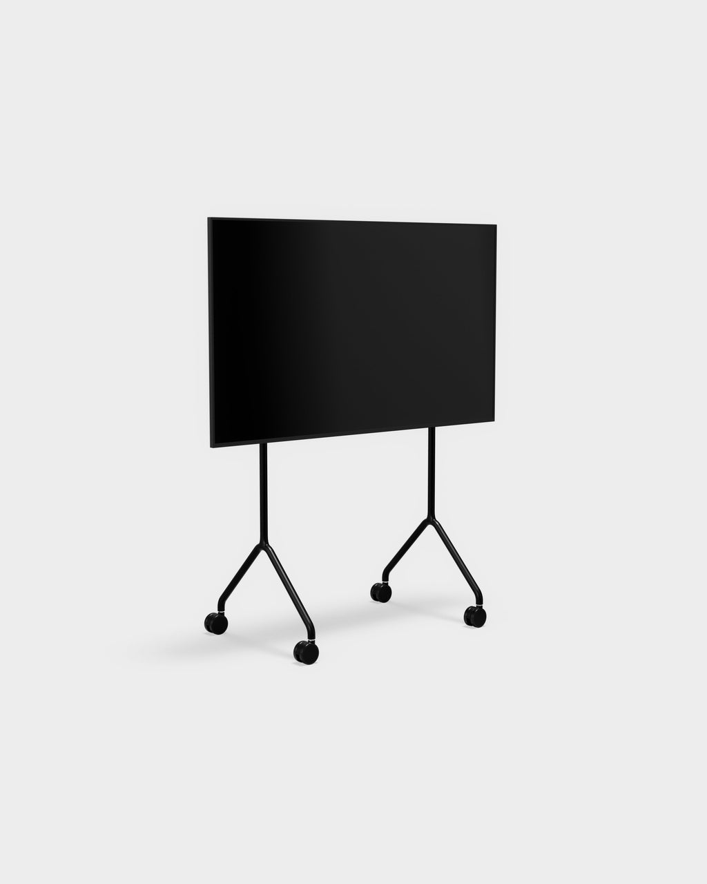 Moon Light TV stand in Charcoal, angled studio packshot showing black panel display, slim legs and swivel caster wheels