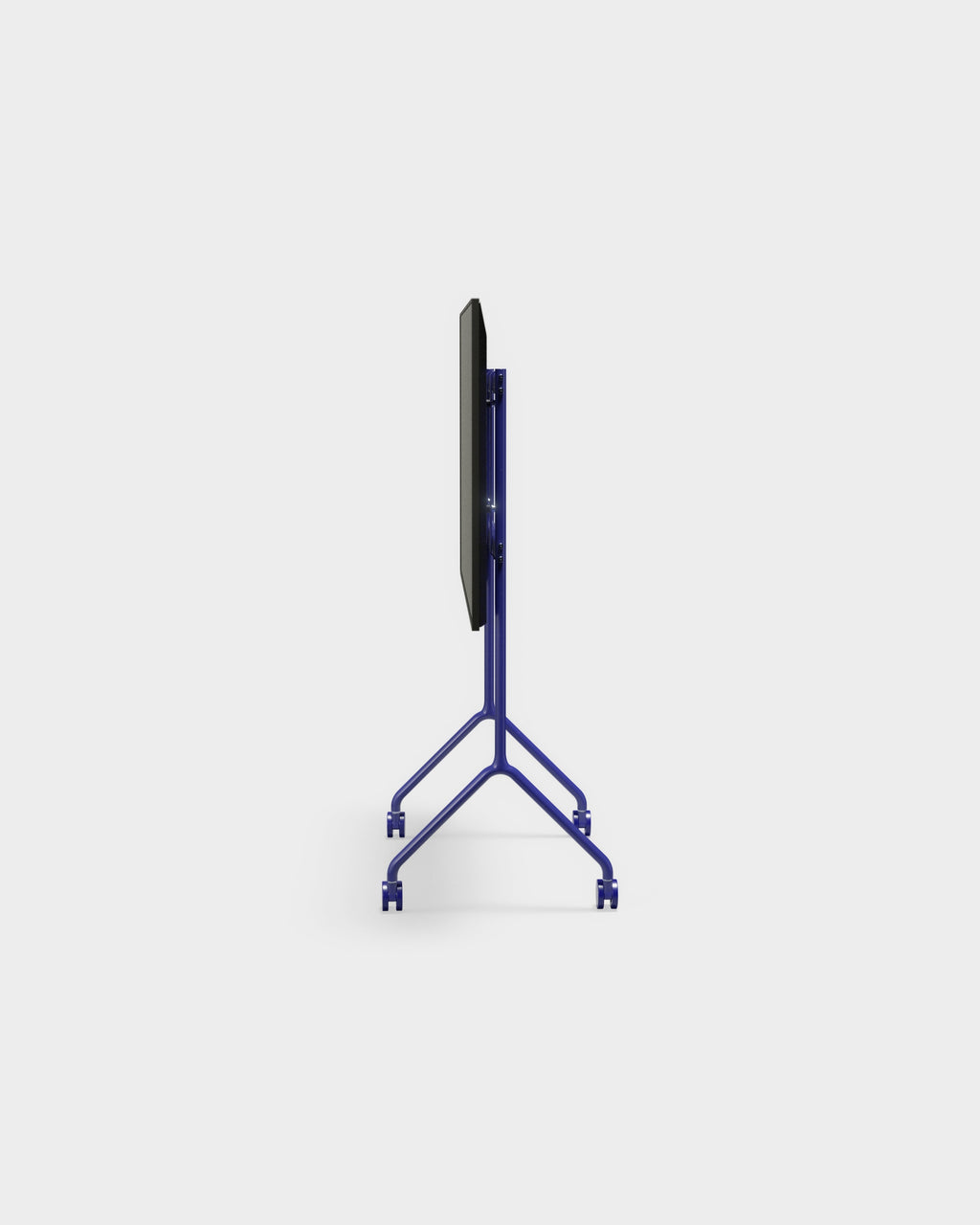 Side profile of the Moon Light TV stand in Ultra Marine, folded flat on its wheeled blue A-frame base, studio packshot