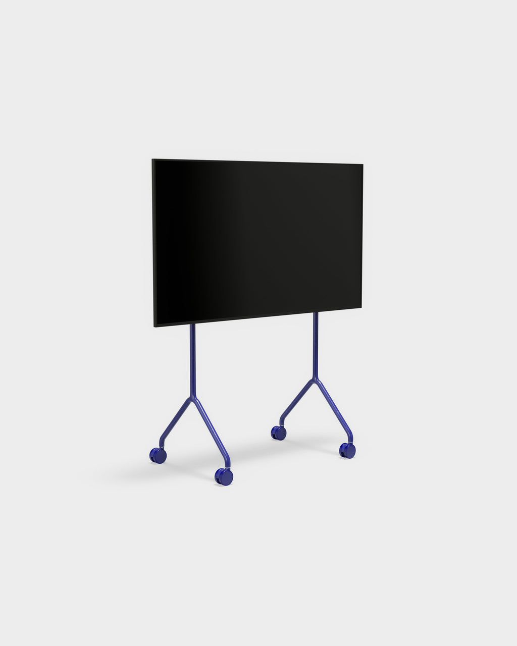 Moon Light TV stand in Ultra Marine, angled studio view with mounted flat screen on slim blue legs and castor wheels