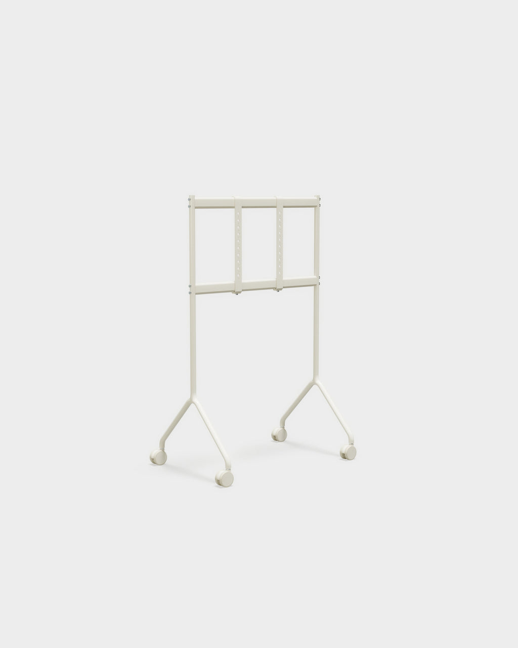 Moon Light TV stand in Pearl shown at an angle in a studio packshot, bare mounting frame on V-shaped legs with casters