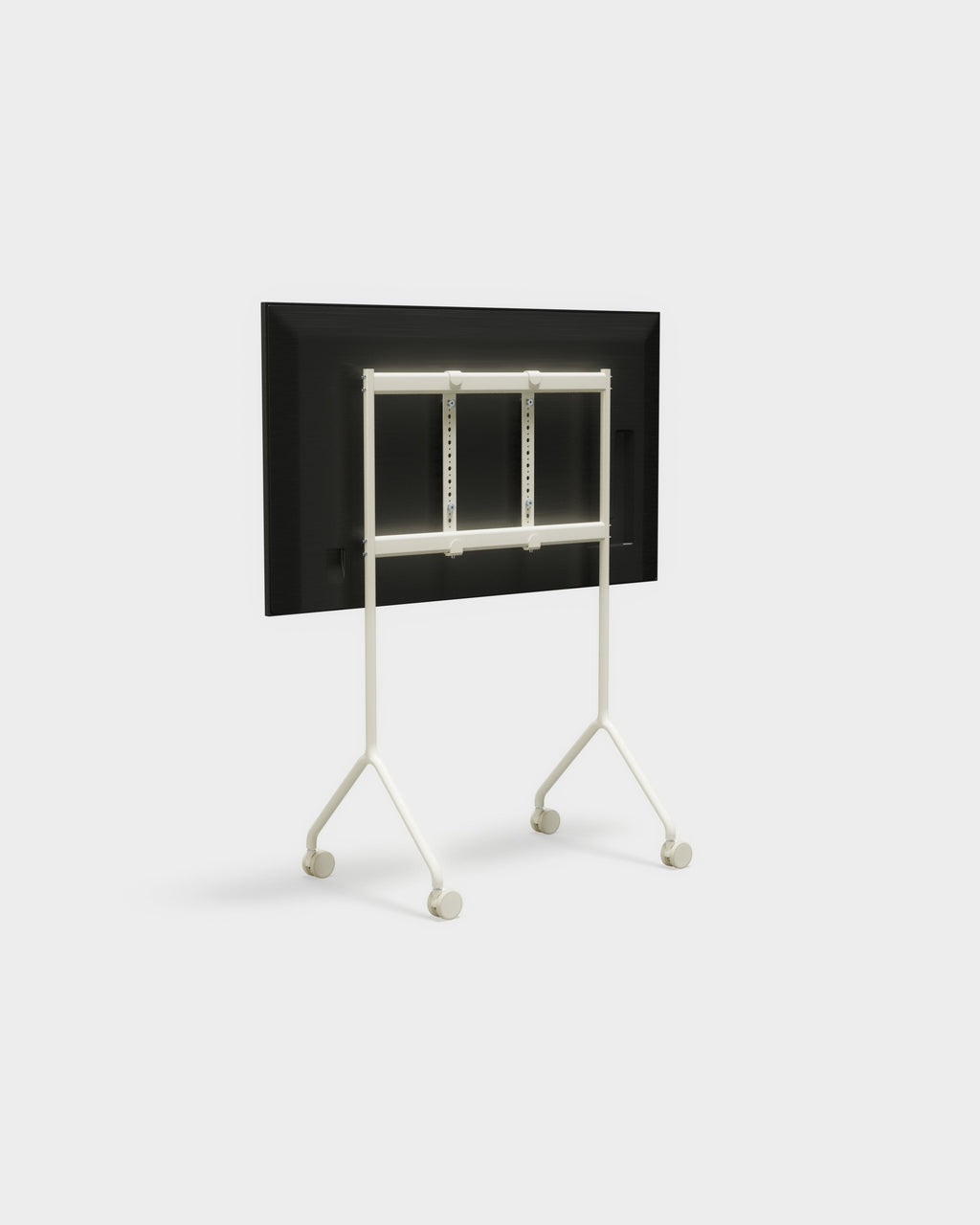 Rear three-quarter view of the Moon Light TV stand in Pearl with mounted TV and locking casters, studio packshot