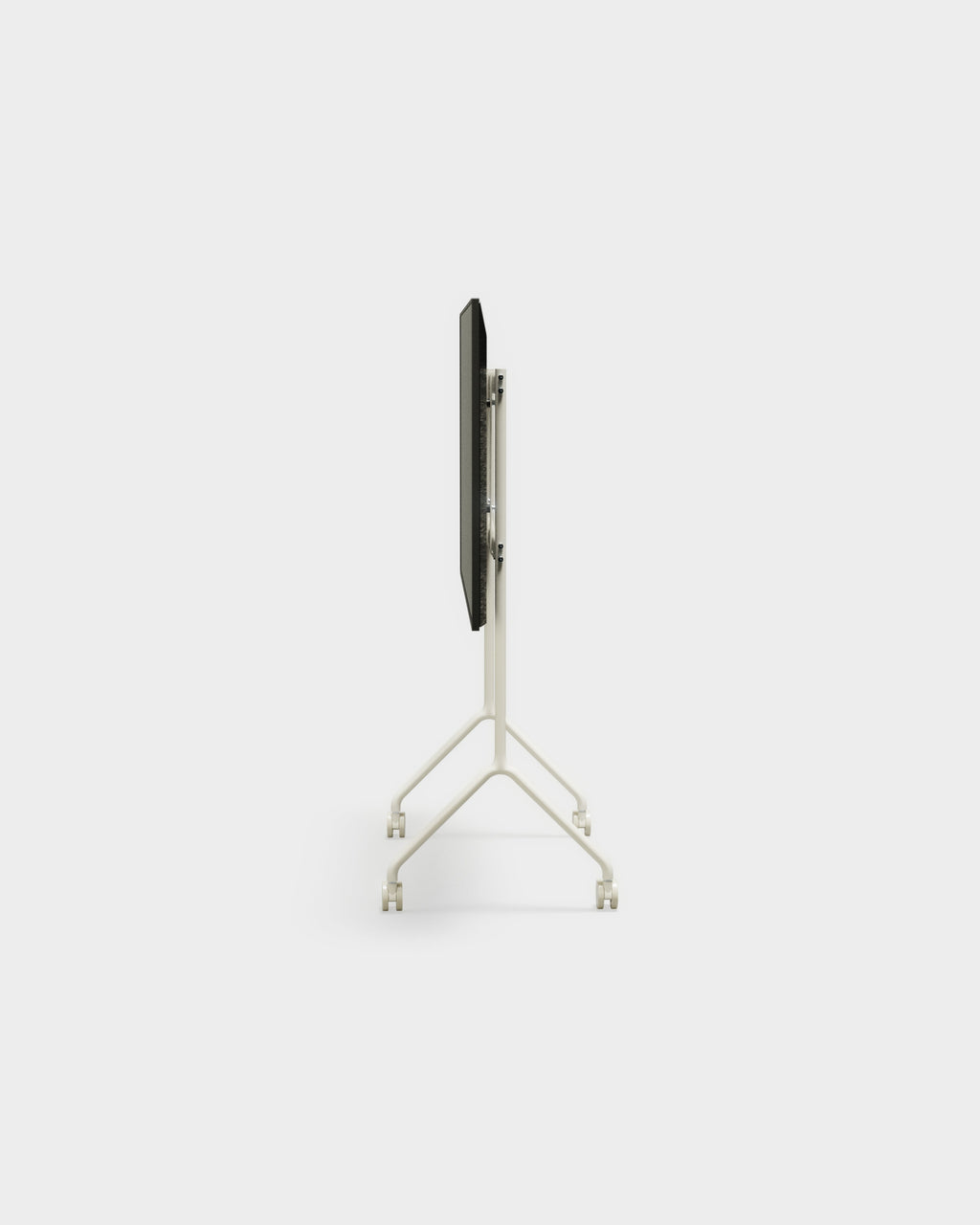 Side-view studio packshot of the Moon Light TV stand in Pearl, folded flat on its wheeled A-frame caster base