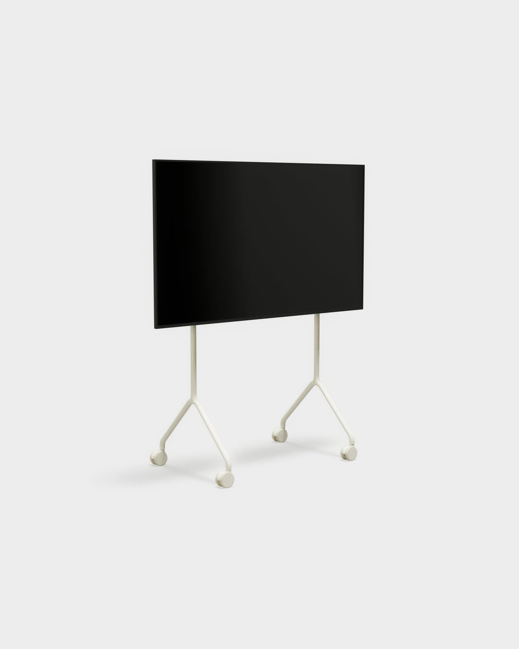 Moon Light TV stand in Pearl shown at an angle in a studio packshot with mounted flat screen and rolling caster legs
