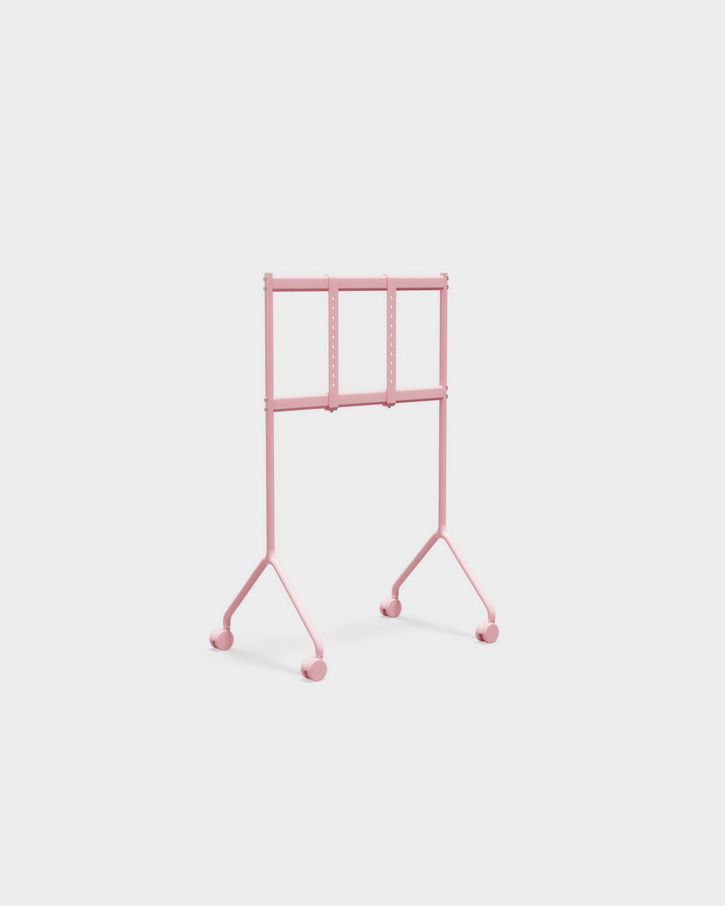 Moon Light TV stand in Bubble Gum pink, angled studio view showing V-shaped legs, casters and mounting rails
+ 0
+ 8
+ 6
+ 3
+ 5
+...