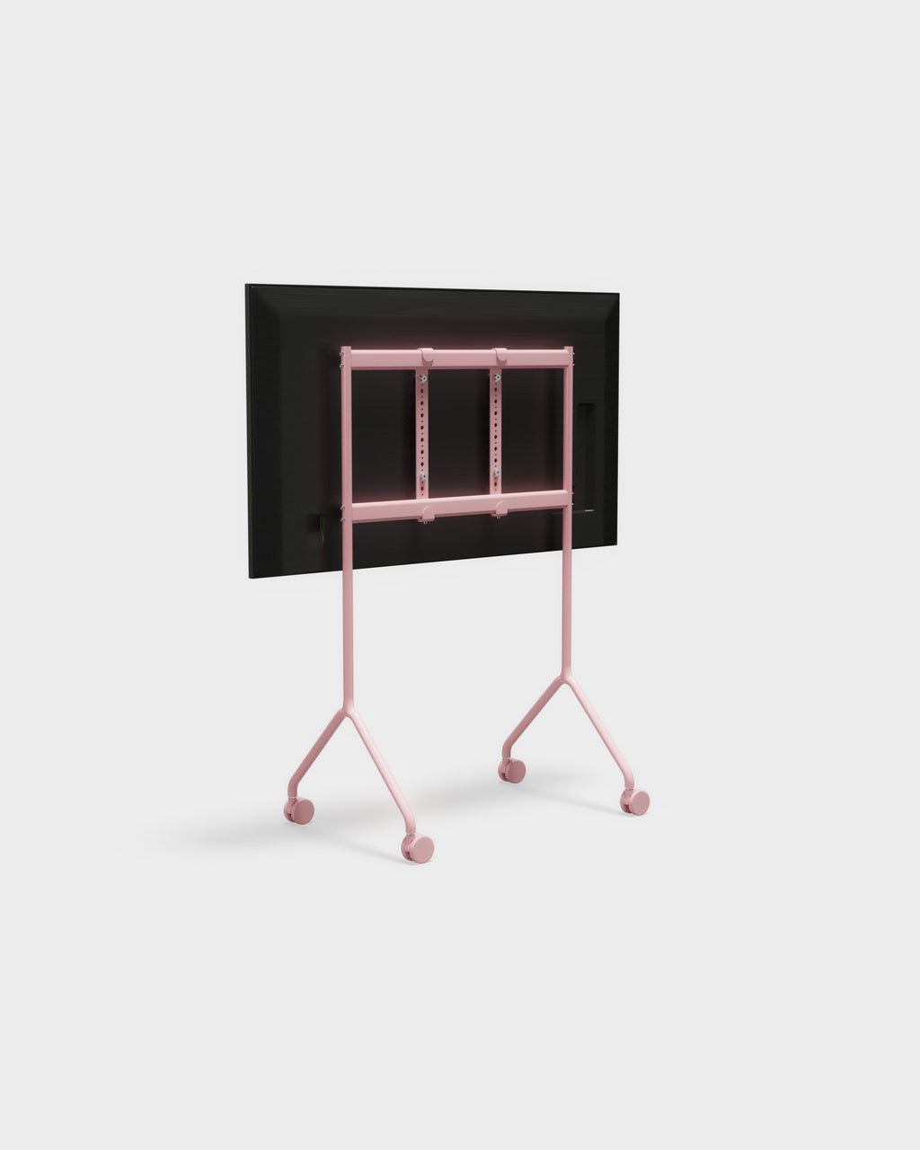 Rear three-quarter view of the Moon Light TV stand in Bubble Gum pink with mounted screen and casters, studio packshot
