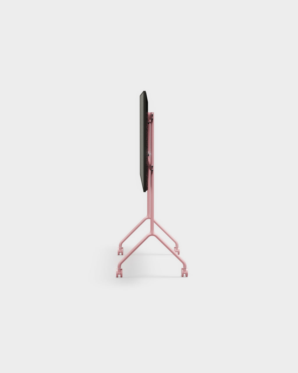 Side profile of the Moon Light TV stand in Bubble Gum pink, folded flat on its wheeled A-frame base, studio packshot