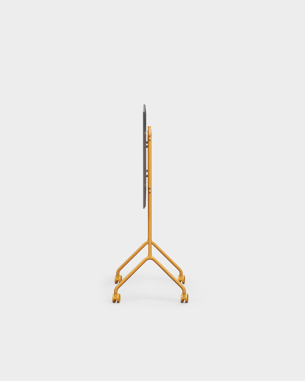 Side profile studio view of the Moon Light TV stand in apricot, showing its slim mount, A-frame legs and caster wheels