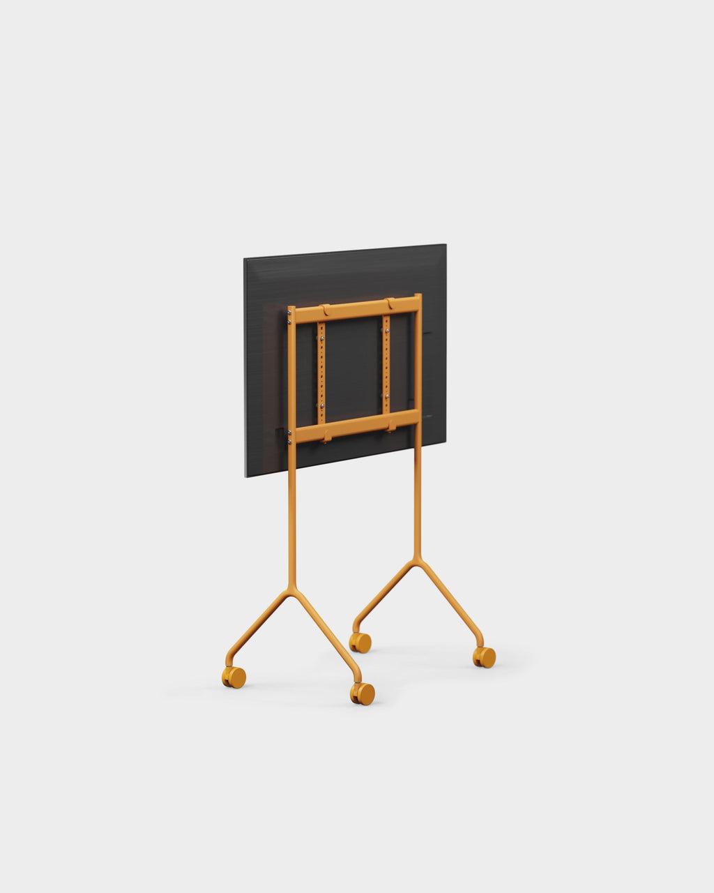 Rear angled view of the Moon Light TV stand in Apricot with mounted display, VESA bracket and casters, studio packshot