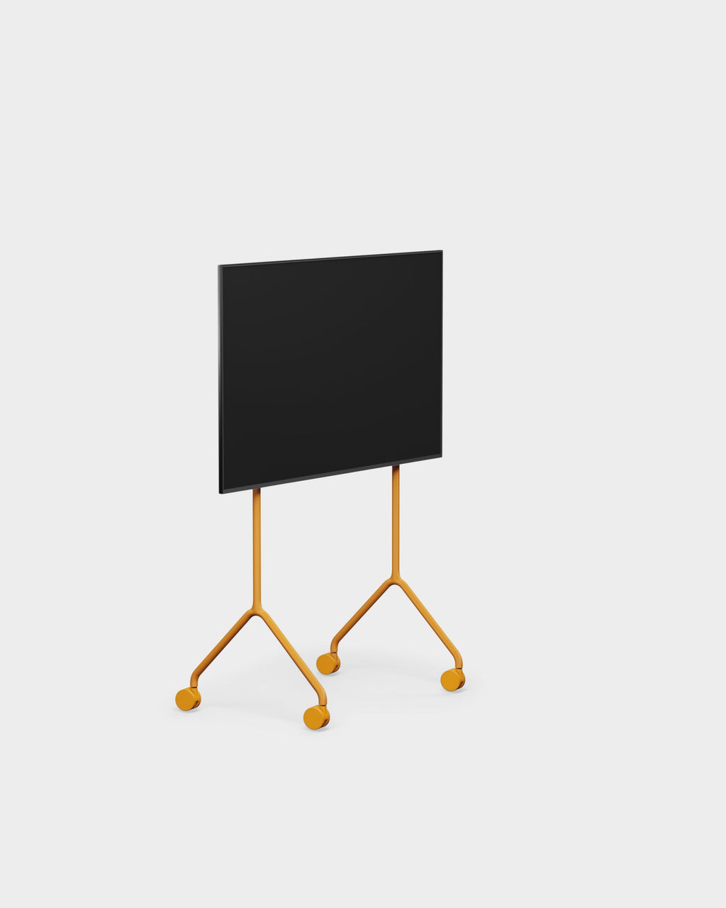 Moon Light TV stand in Apricot, three-quarter studio view with black panel on slim wheeled legs