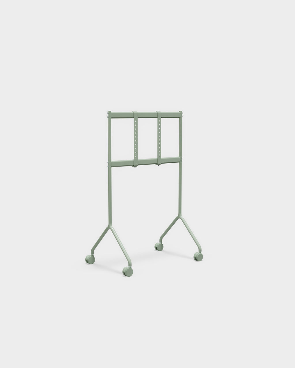 Moon Light TV stand in Mossy Green shown at an angle in studio, empty mounting frame on rolling caster wheels