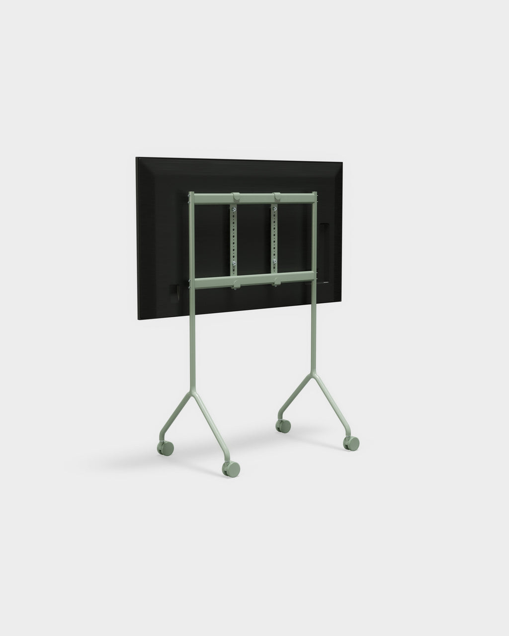 Rear three-quarter view of Moon Light TV stand in Mossy Green holding a mounted display, castor wheels, studio packshot